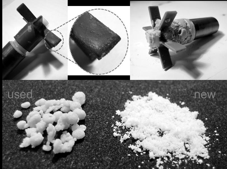 Figure 5: Micro-encapsulated polystyrene-coated paraffin (left) and compound in a container (right) After some hours of operation the micro-encapsulated polystyrene-coated paraffin showed an abrasive