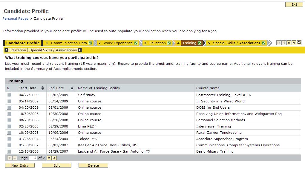 5.4 Training Figure 26 - Training tab List all training that may benefit the application.