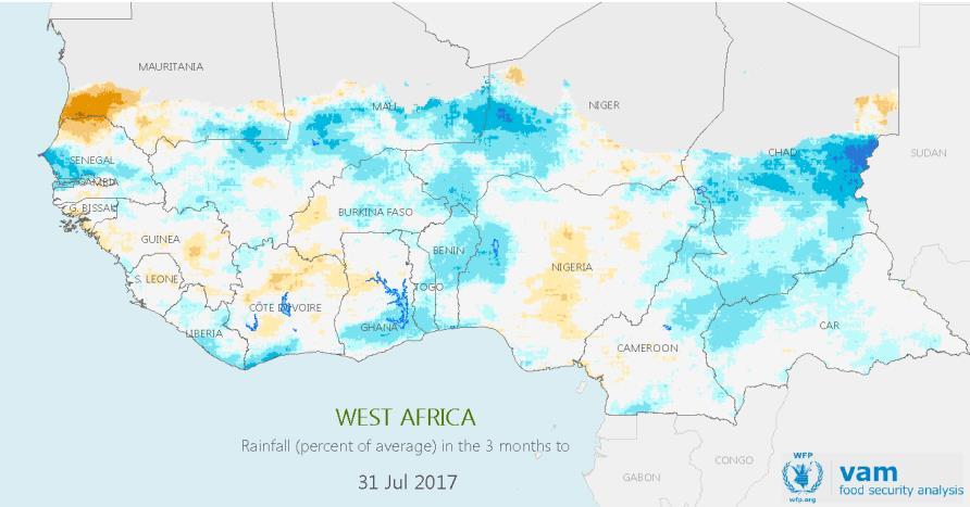 West Africa: May to July 2017 A good early start of the rains May to July rainfall as a percentage of the average. Blues for wetter than average, browns for drier than average.