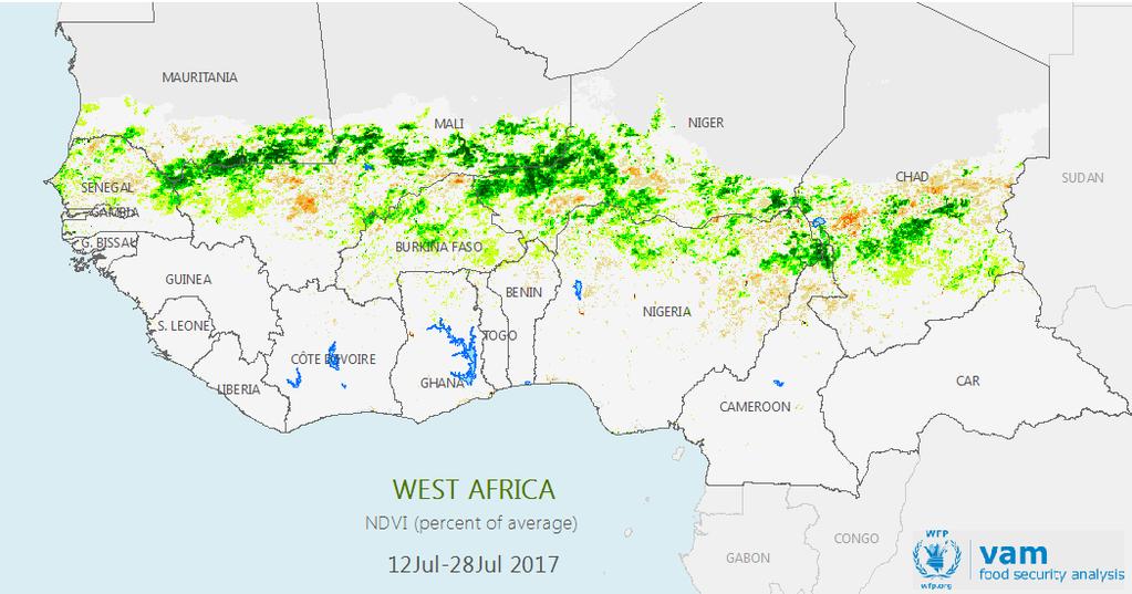 RAINFALL and VEGETATION Until mid July 2017, the West Africa season was marked by above average rainfall conditions (map above left).