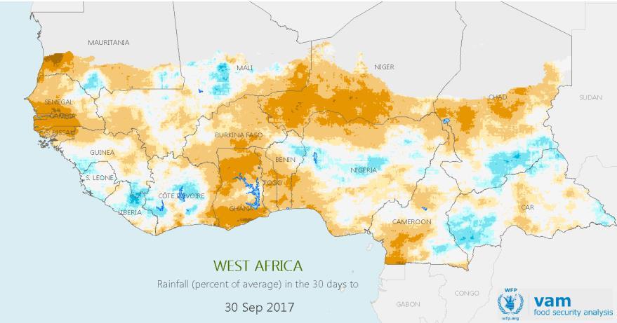 West Africa: August to October 2017 Widespread drier conditions lead to poor conditions in marginal areas From mid-july to early October drier than average conditions predominated in contrast to the