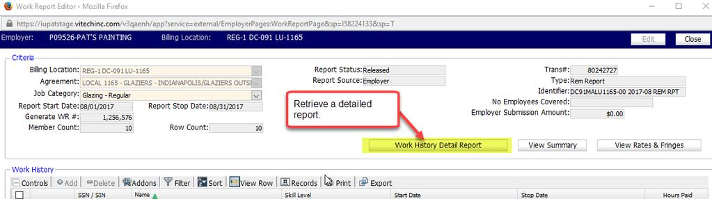 After saving your report, use the Work History Detail Report button to print a detailed copy of your report.