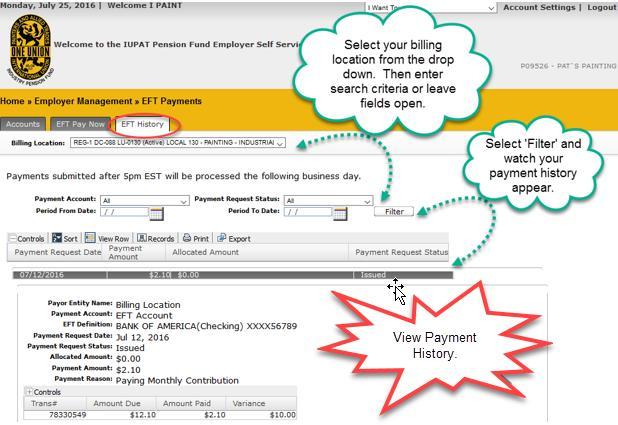 3.4.3 EFT History Tab Viewing Your Payment History - Video - 'Processing Payments and Viewing Billing History From the EFT History tab you can view all payments made for each billing location.