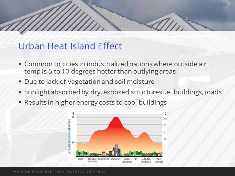 The term heat island is used to describe built-up urban areas that are hotter than their surrounding rural areas.