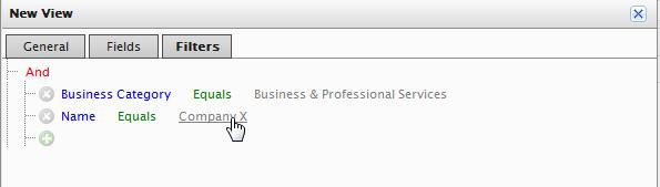 Customers 115 1. Click Add (+) and, from the drop-down, click Business Category. Two fields, which default to Equals and Arts & Entertainment, appear. a. Click Equals and a drop-down appears.