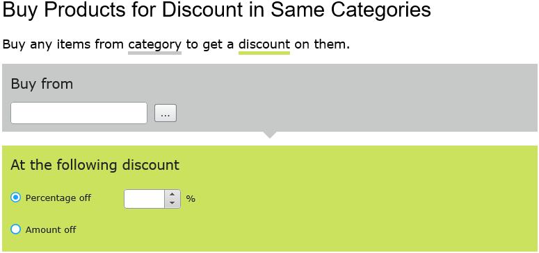 Marketing 165 At the following discount. Choose how to calculate the discount. Percentage off. Enter the discount as a percentage of the items' cost. Amount off.