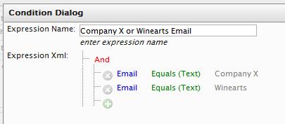 Marketing 209 The following example shows how to specify conditionscompany X or Winearts emails as part of this customer segment. 1.