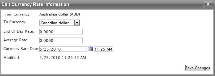 Select to add a foreign exchange rate when you want to convert from one currency to another. The Edit Currency Rate Information dialog box appears. From Currency.