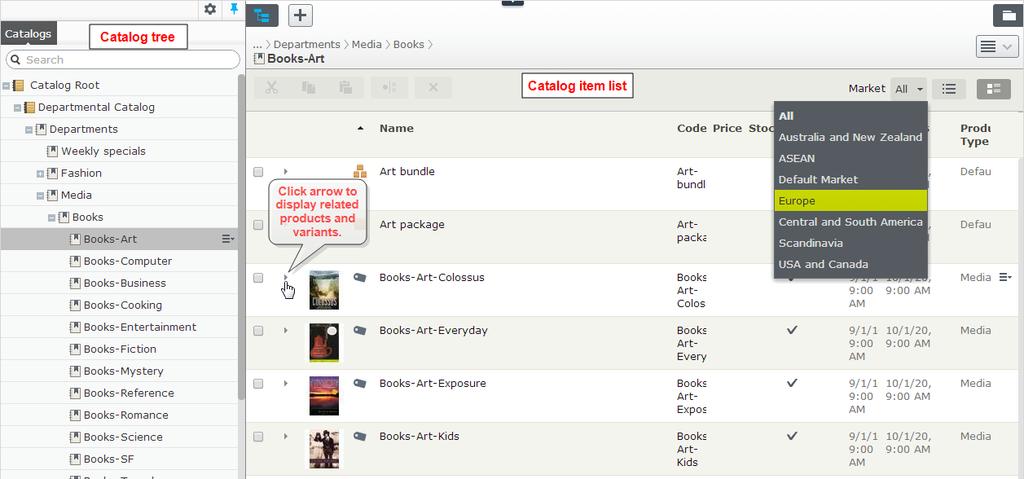 44 Episerver Commerce User Guide 17-6 Select a catalog tree node (such as Books-Art) to view its categories and catalog entries, which appear in the Catalog item list.