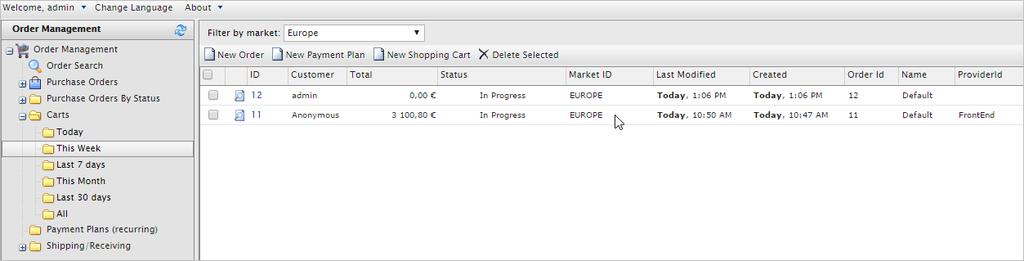 78 Episerver Commerce User Guide 17-6 Viewing orders per market When viewing purchase orders, carts or payment plans, you can filter all views per market to work with items for a specific market.