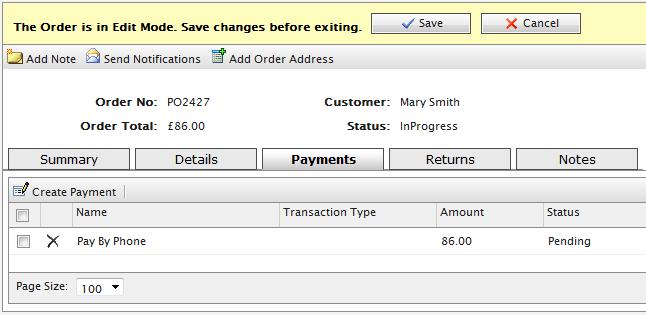 Select the Payment Method from the drop-down list. 5. Click OK. The order appears in Edit Mode. You can add more payments to the order in Edit Mode.