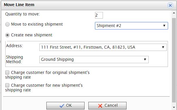 Orders 87 Quantity to move. Select the quantity of the item to move. Move to existing shipment. Select an existing shipment. Create new shipment. Address. Select an address.