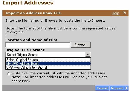 Address Book Import and Export Users can import information into the My UPS Address Book from the following two files: UPS WorldShip International (non-us version) Address Book file My UPS Address