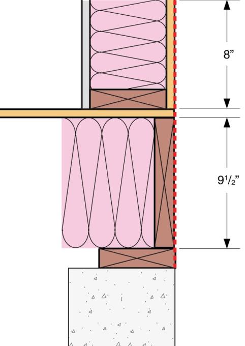 The concrete foundation was included beneath the rim joist to determine the effects of the interface between the foundation and wood framing, but the concrete was not included in the R- value