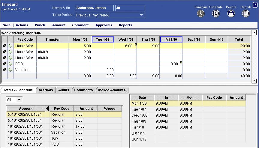 scheduled times Project Timecard Used for charging time to a project or job. Captures pay code amounts and durations amounts.