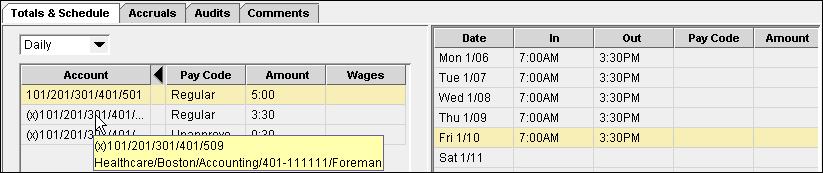 When you click this tab, the following areas of information appear: The area on the left displays the timecard totals The area of the right displays the scheduled time for the timecard