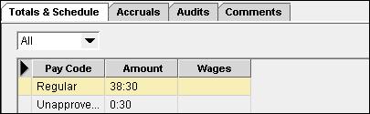 The Totals tab displays the summation of hours by labor account or pay code.