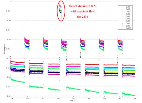 cycles high performance degradation rate Stack - Pure H 2 1,2 1A reformate 1h 1A H2 1h 75 C 1/4%RH 1.