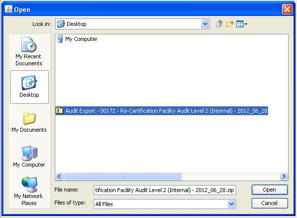 3) Locate the exported audit zip file on your computer, select it, and click Open.