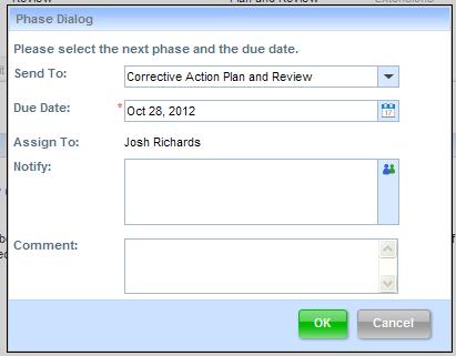 7) A new phase dialogue box will appear for you, routing again to the acting Lead Auditor, Josh Richards.