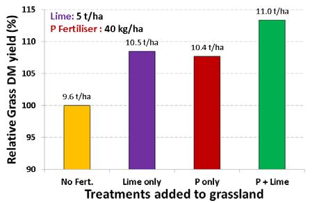Relative grass DM yield response in grassland treated with Lime (5 t/ha of lime), P fertiliser (40 kg/ha of P), and P + Lime over a full growing season Management tips to increase lime efficiency