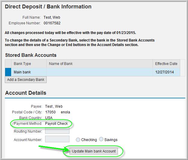 Employee Self-Service (ESS) Screens Payroll Direct Deposit/Bank Information Page 1 of 10 ESS - Payroll Direct Deposit/Bank Information 1.