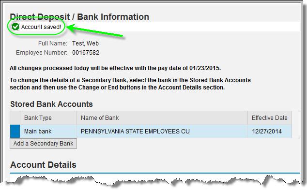 Employee Self-Service (ESS) Screens Payroll Direct Deposit/Bank Information Page 3 of 10 1.5.