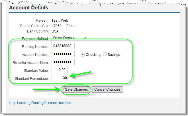 In the Account Details section, complete the Routing Number, Account Number, Re-enter Account Num:, and then complete either the Standard Value or Standard Percentage fields.