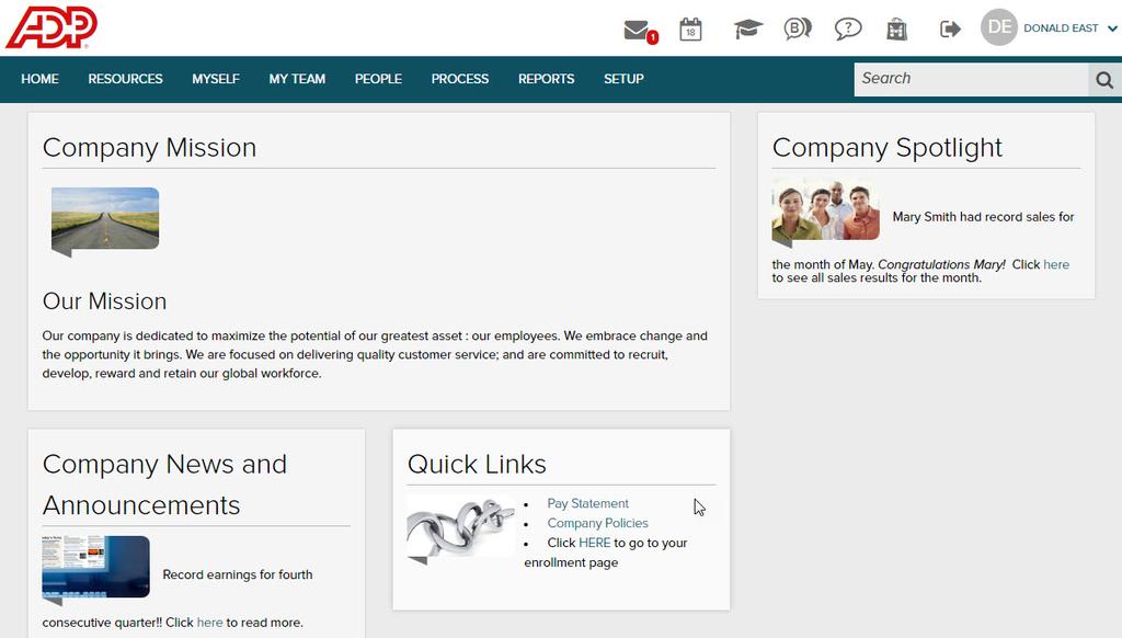 The User Interface When you log on, the ADP Workforce Now Home page is displayed.