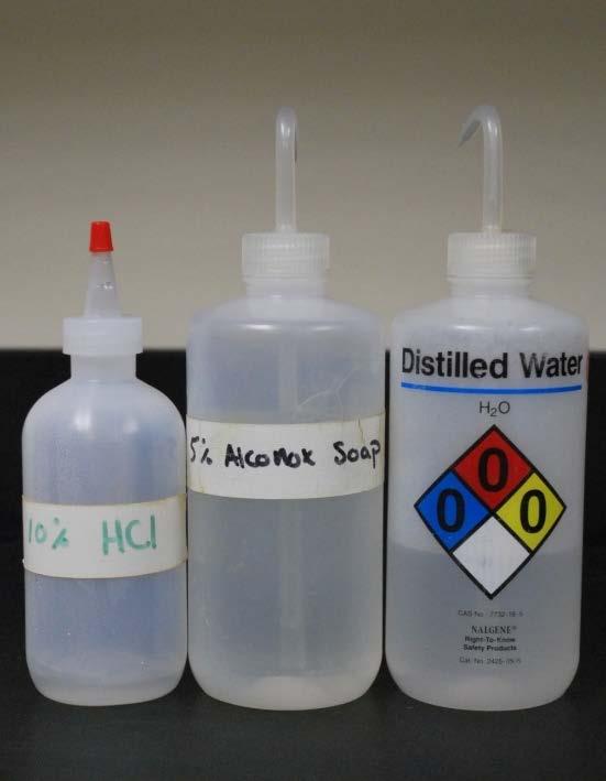 Rinse 3 times with cold tap water. 3. Rinse with 10% Hydrochloric acid solution (use a very small amount 2 5 ml depending on the container). 4. Rinse 3 times with distilled/deionized water.