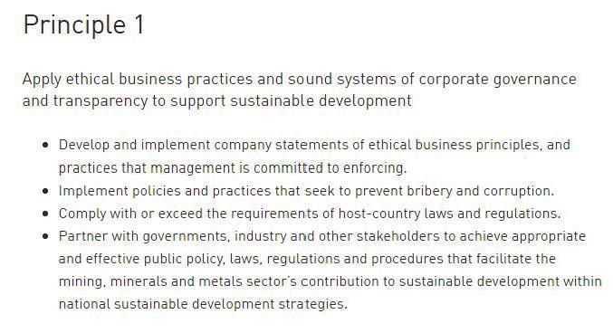 Principle 1 Apply ethical business practices and sound systems of cor porate governance and transparency to su pport sustainable development Develop and implement company statements of ethical