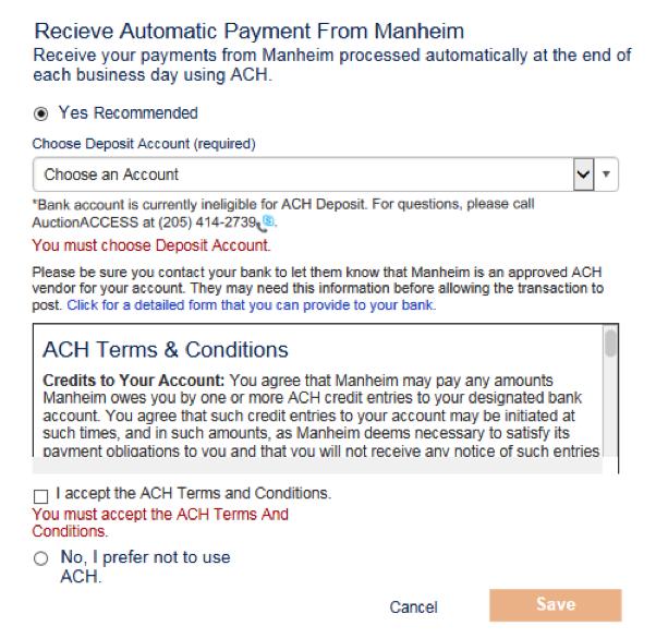 STEP 6: RECEIVE AUTOMATIC PAYMENTS FROM MANHEIM» You can set preferences on how you want to RECEIVE automatic payments from Manheim: A. Click Yes. 6 A B B.