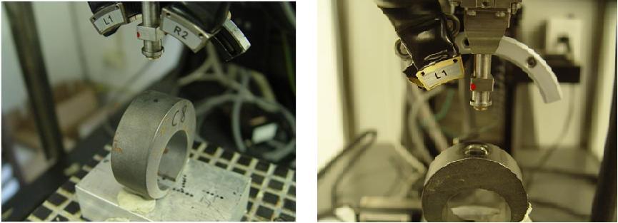 Figure 3.6: C-Ring positioned for surface residual stress measurement (left) and after electropolishing (right). Table 3.5 - Residual Stress Measurement Depths for 4320 Steel Condition 500/4 QT750 0.