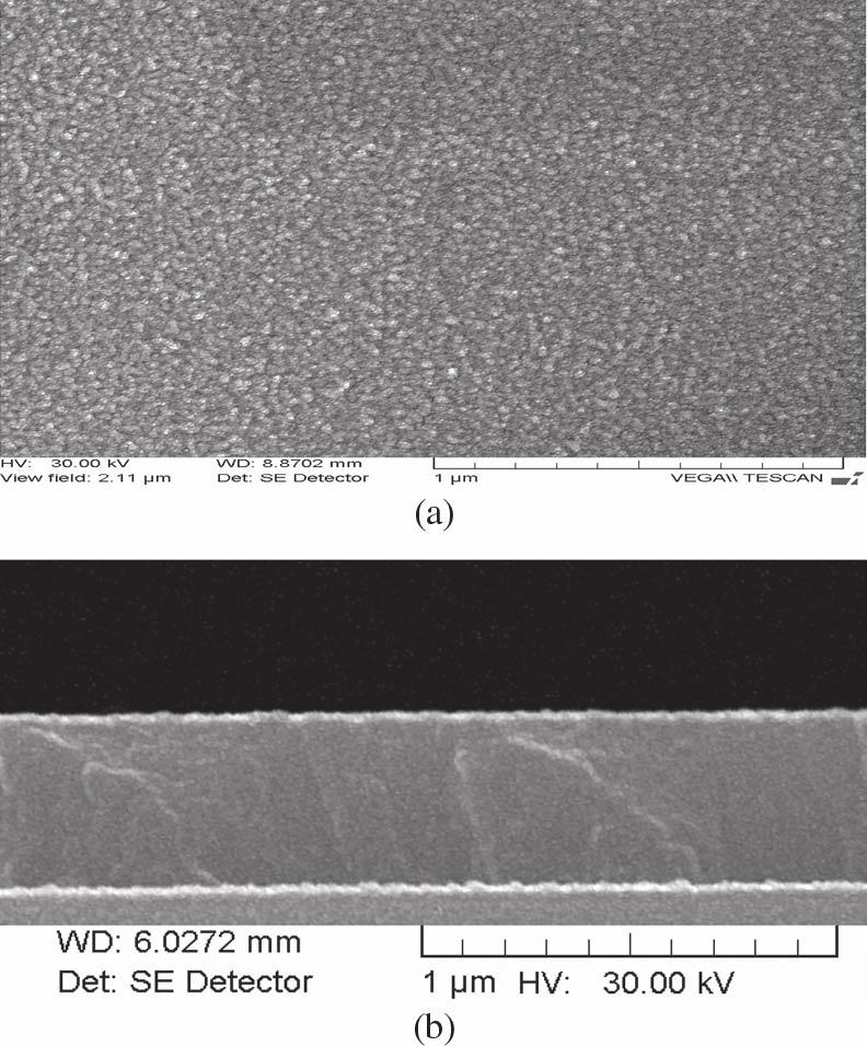 (a) SEM surface morphology and (b) cross-sectional images of C thin film deposited in He atmosphere at 10 W cm 2. Fig. 8.