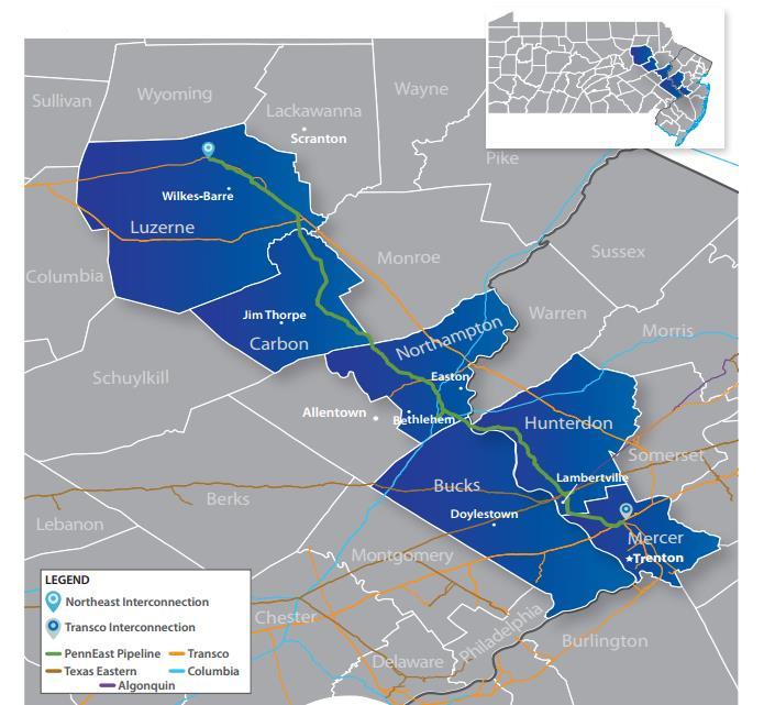 Preferred Alternative Route From Luzerne County to Transco pipeline interconnection in New Jersey Several routes have been studied.