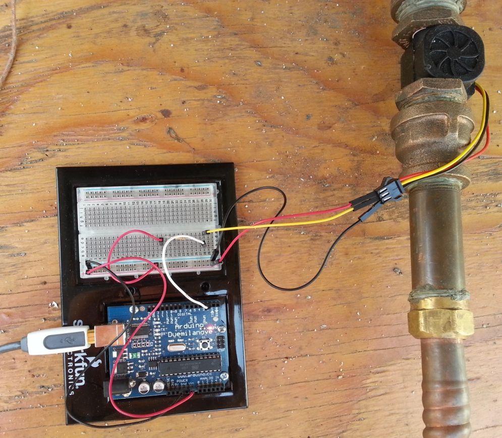 The flow sensor was connected to the Arduino UNO board as shown in Figure 5. The flow rate in GPM is given by f*0.264/7.5, where f is the Pulse Frequency.