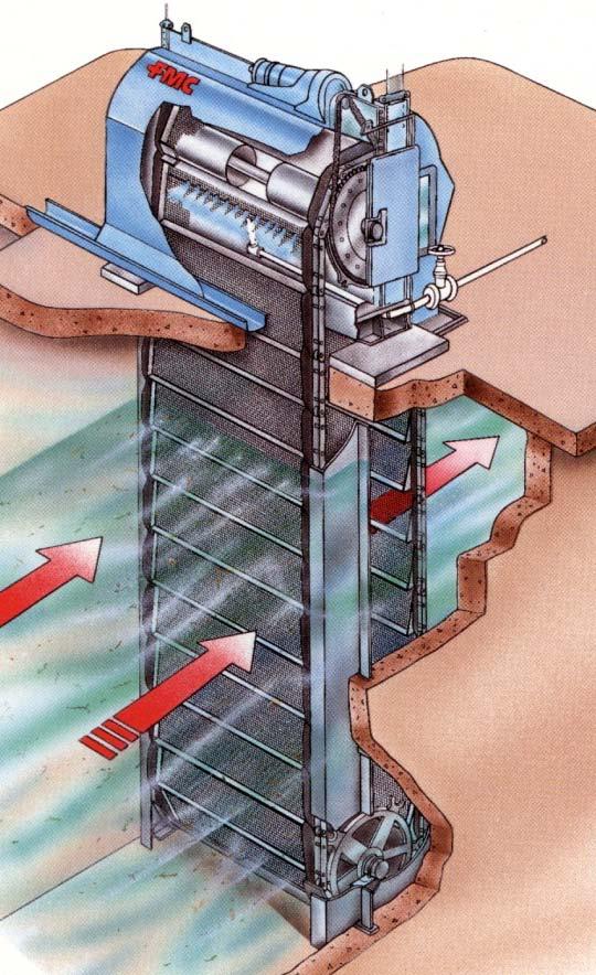 the traveling water screen. Figure 8-3 shows a schematic of a typical fine-mesh traveling water screen.