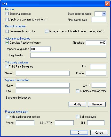 Preparing Payroll Tax Forms 4. In the 941 dialog, enter all information relevant for your client.