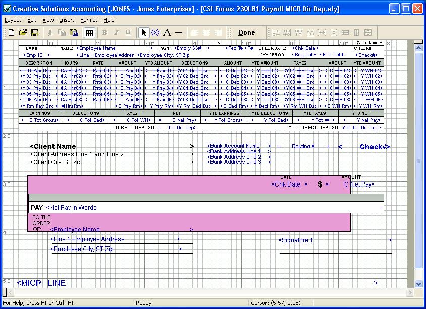 Special Processing A layout file includes mostly variables whose names on the screen are enclosed in < > angle brackets, such as the <Emp ID> variable in the upper left corner of the check layout.