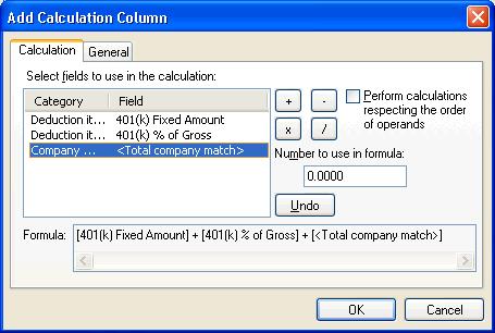 Setup Example 1: Creating Custom Reports Appendix 16. In the Add Calculation Column dialog, click the 401(k) Fixed Amount item, then click the + button.