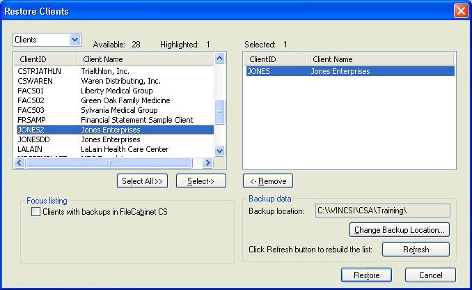 Setup Example 4: Tipped Employees Appendix 6. Click the Restore button. If the Overwrite Client Data dialog displays asking if you want to overwrite the existing client data, click Yes to continue. 7.