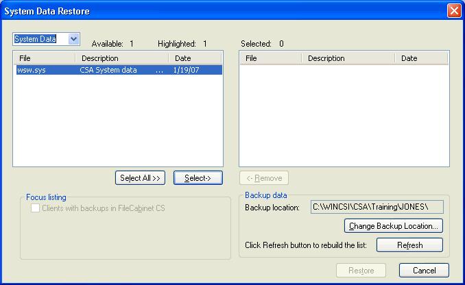 Appendix Setup Example 4: Tipped Employees 5. Double-click the wsw.sys file in the File list to move it to the Selected pane. 6. Click the Restore button. 7.