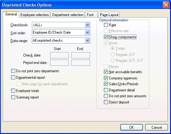 Setup Example 4: Tipped Employees Appendix 4. In the Unprinted Checks Options dialog, mark the Show Components checkbox.