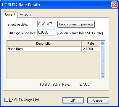 Setting Up a New Client 5. In the UT SUTA Rate Details dialog, enter 01/01/07 as the effective date, 2.7 as the base SUTA rate, and then click the Copy current to previous button. 6.