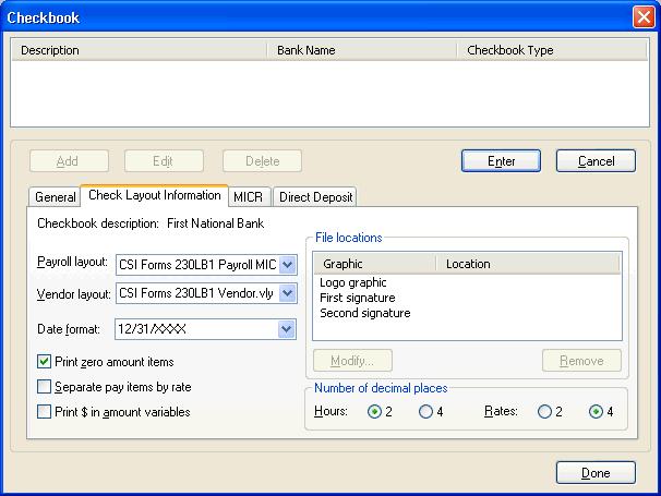Setting Up a New Client Note: Payroll CS includes a number of pre-defined check layouts both for payroll checks and for vendor checks.