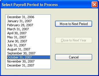 Payroll Processing Steps 3. The Select Payroll Period to Process dialog closes automatically. The payroll period shown in the lower-right corner of the CSA main window is now 11/30/07.
