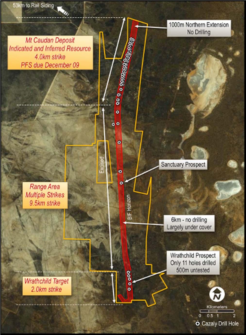 Parker Range Iron Ore Project Mount Caudan Iron Ore Deposit 100% owned by Cazaly Total current resource of 35.1Mt @ 55.9% Fe (61.4% CaFe) Low waste to Ore stripping ratio (2.3:1) Mine to produce 31.
