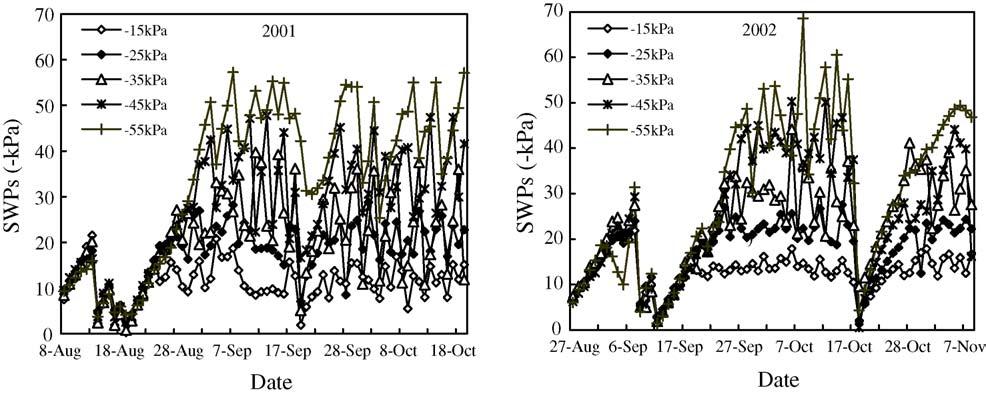282 Y. Kang, S. Wan / Scientia Horticulturae 106 (2005) 275 292 Fig. 4. The changes of soil water potential in 20 cm depth immediately under emitters for different treatments in 2001 and 2002.