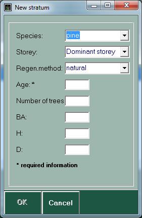 1.2. Initialization of stand data (5/8) Stocking data Specify the main species, tree storey, and regeneration method of the stratum. Add stand information: stand age is a mandatory information.