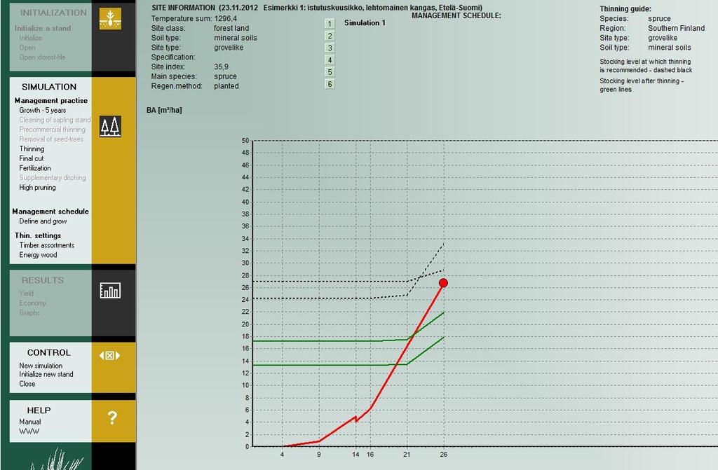 2.2. Stand simulation Choose: Management practice Growth - 5 year By pressing the left bottom of the mouse Motti simulates the stand growth for 5 years.